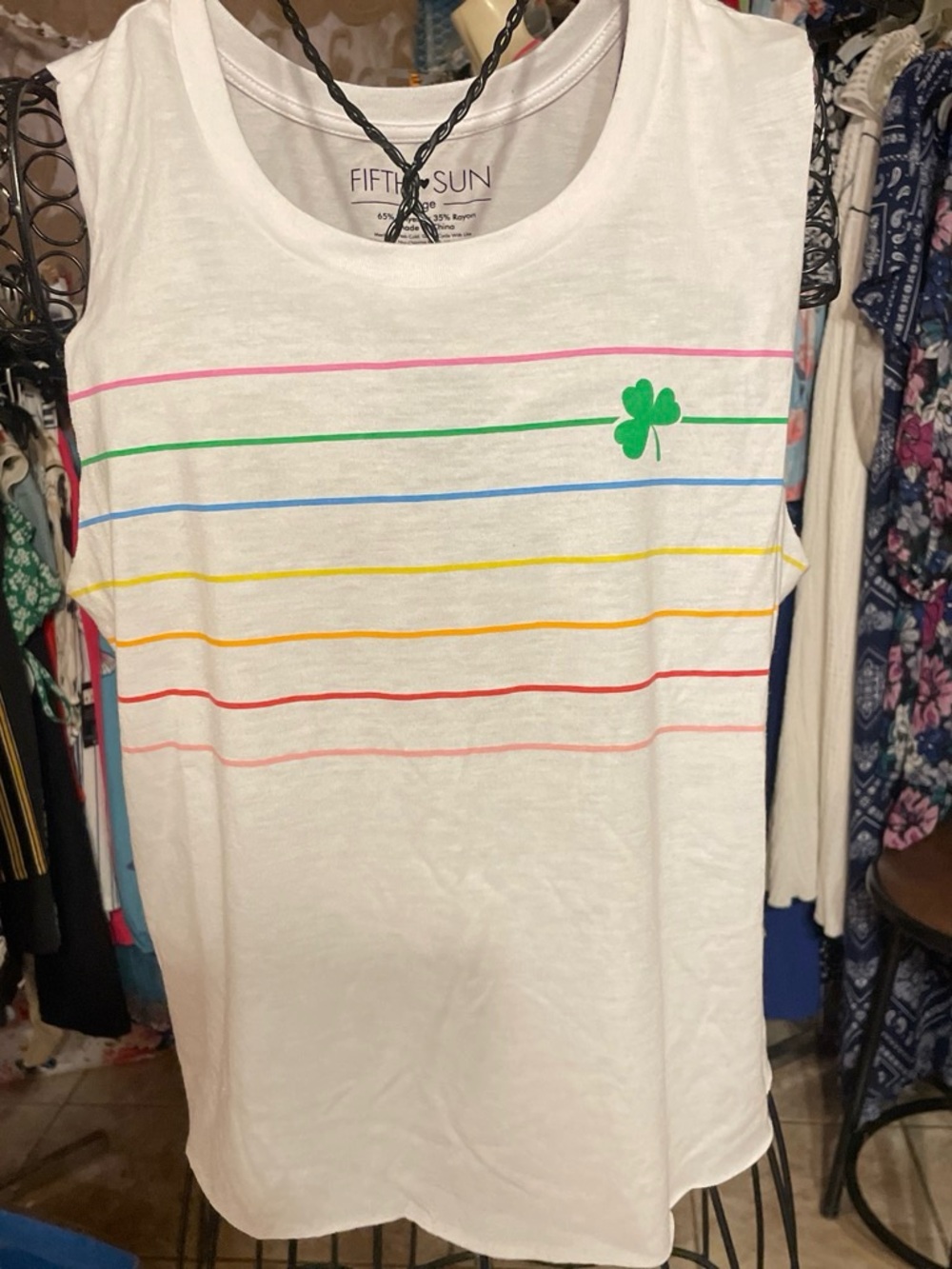 Fifth Sun White Tank with Rainbow Stripes and Green Clover